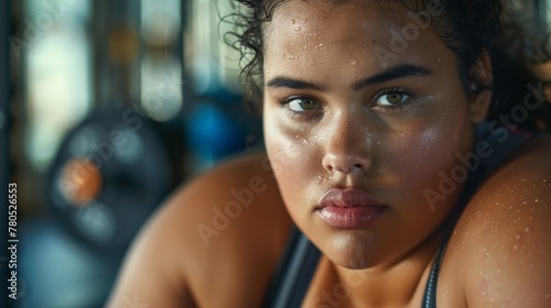 A close-up of a woman's face with sweat glistening on her skin showcasing a determined expression with her head slightly tilted set against a blu rred gym background.