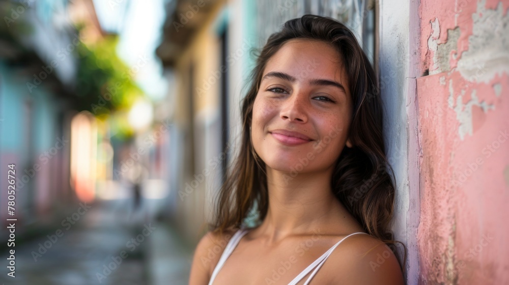 Smiling Brazilian woman poses for a casual street portrait showing confidence, beauty, and youthful charm