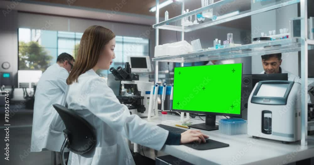 Medical Research and Development Laboratory: Beautiful Asian Female Scientist Working on a Computer with a Green Screen Chroma Key Template. Modern Genetic Engineering Lab