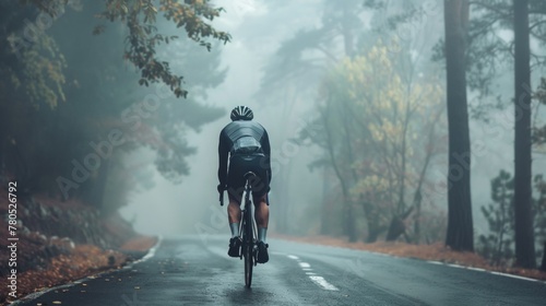 A cyclist riding down a foggy tree-lined road with autumn leaves on the ground.
