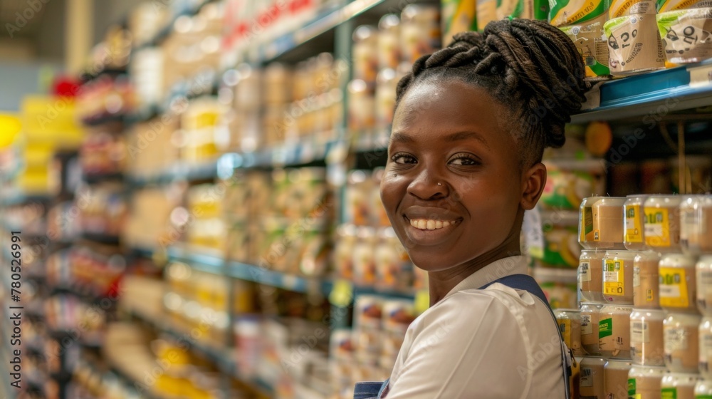 A smiling woman with braided hair wearing a white shirt standing in a grocery store aisle with various food products.