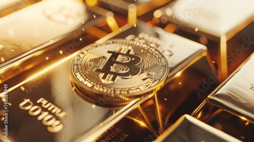 Bitcoin coin standing on polished gold bars, conceptually highlighting the fusion of new financial technology with established wealth indicators