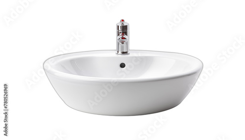 A modern white ceramic sink with a chrome faucet isolated on a white background 3D rendering