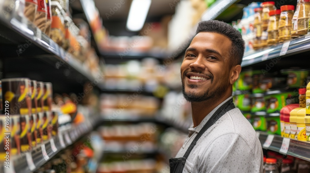 Smiling man in apron standing in a well-stocked grocery store aisle with various food products.