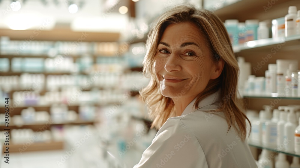 Smiling woman with blonde hair wearing a white shirt standing in a pharmacy with shelves filled with various medications and health products.