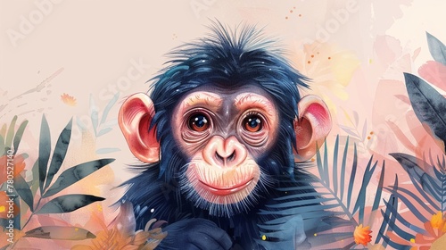 Vibrant and playful baby chimpanzee illustration, boho watercolor cartoon animal collection, whimsical with soft textures , 8K , high-resolution, ultra HD,up32K HD