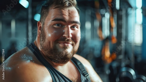 A man with a beard and mustache wearing a tank top smiling in a gym with weights in the background.