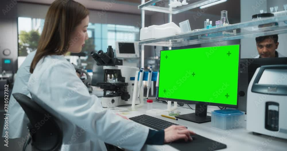 Asian Female Scientist Working on a Desktop Computer with a Green Screen Chroma Key Mock Up Display. Advanced Biotechnology Lab in a Medical Research and Development Center