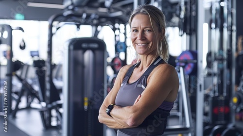 A woman in a gym smiling wearing a sports bra and tank top standing in front of exercise equipment.