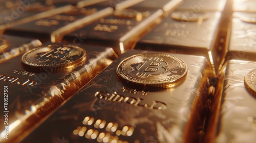 Bitcoin Coins on Lustrous Gold Bars, Depicting the Merge of Digital and Material Wealth - Concept of Cryptocurrency Stability and Gold Standard 