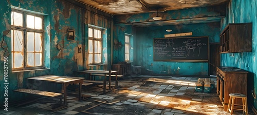 Echoes of Education Past: A Silent Narrative in the Dilapidated Schoolhouse, Where Fading Chalkboard Memories Whisper Tales of Forgotten Lessons Amidst the Stillness of Abandonment photo