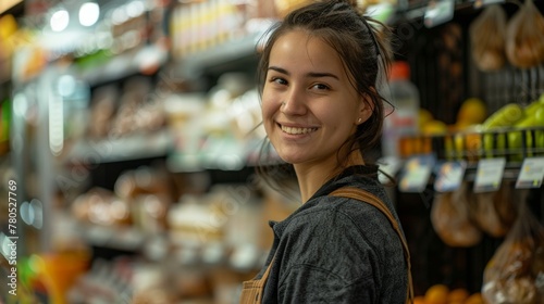 Smiling woman in a grocery store with a variety of produce and products in the background.