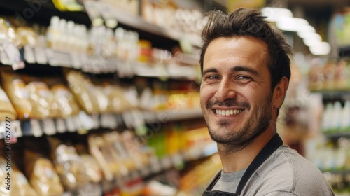 Smiling man in apron standing in front of a blurred supermarket aisle filled with various packaged goods.