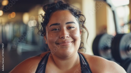 Smiling woman with curly hair freckles and sweat wearing a black tank top in a gym setting with weights in the background.