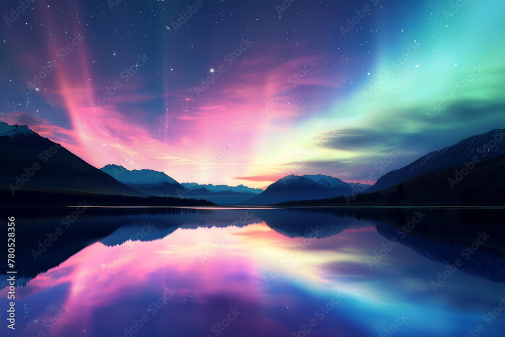 Aurora Borealis reflecting off the calm waters of a remote lake - Generative AI