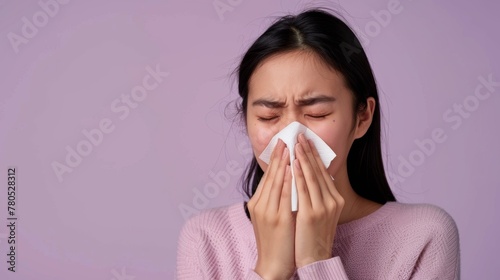 Young woman with closed eyes holding a white tissue to her nose appearing to be in the midst of a sneeze or sniffling with a soft pink sweater and a light purple background. photo