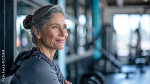 Smiling woman with gray hair wearing a gray top standing in a gym with exercise equipment in the background.
