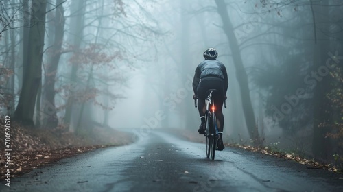 A solitary cyclist pedaling down a misty tree-lined road with a backpack illuminated by a red rear light.