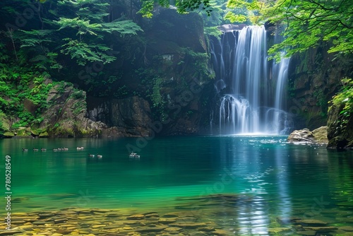 Emerald Tranquility  Waterfall Oasis with Serene Waters