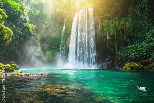 Emerald Tranquility: Waterfall Oasis with Serene Waters