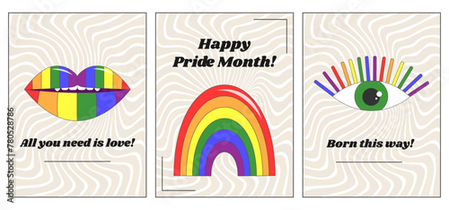 A set of posters for the celebration of pride month. Pride month postcards. Postcards in the style of a groovy.