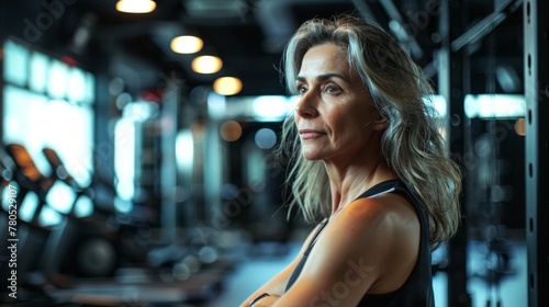 A woman with gray hair wearing a black tank top standing in a gym with a focused expression looking to the side. © iuricazac