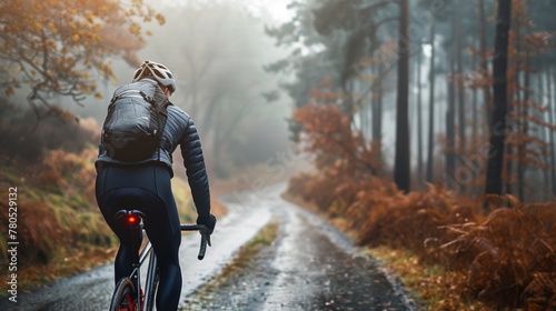 A cyclist in a black jacket and helmet with a backpack riding a bicycle on a misty autumn-colored forest road.