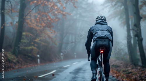 A cyclist in a helmet and rain gear riding a bicycle on a foggy autumn-colored road. © iuricazac