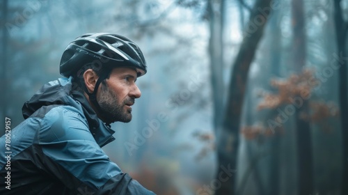 Man riding bicycle in misty forest wearing helmet and rain jacket.