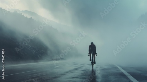 A lone cyclist pedaling through a foggy mountain pass with the road ahead obscured by mist and the surrounding landscape shrouded in mystery.