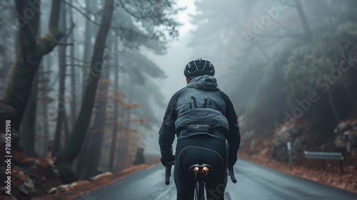 A cyclist wearing a helmet and a backpack riding a bicycle on a foggy tree-lined road.
