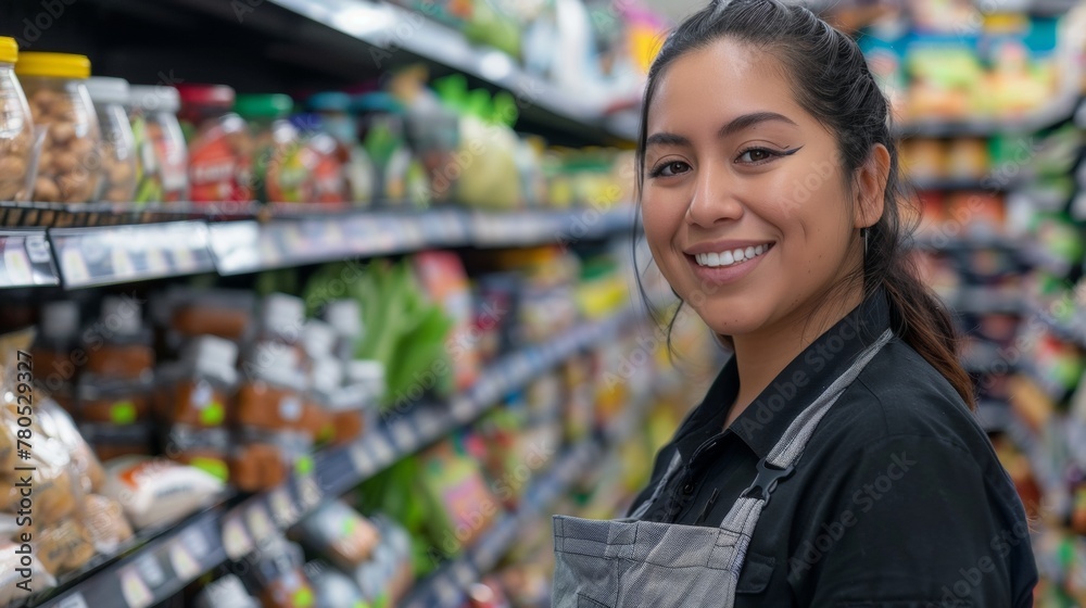 Smiling woman in black apron standing in front of grocery store shelves filled with various food items.