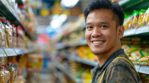 Smiling man in a store aisle with various packaged goods including snacks and beverages blurred in the background.