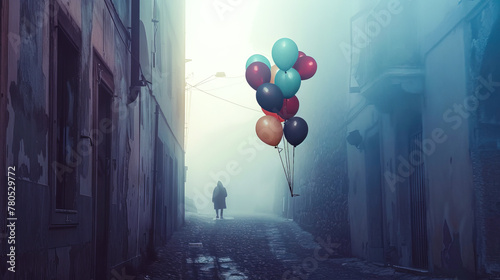 A lone figure walks down a foggy alleyway, tethered to a colorful cluster of balloons, evoking a sense of solitude amidst urban decay. photo