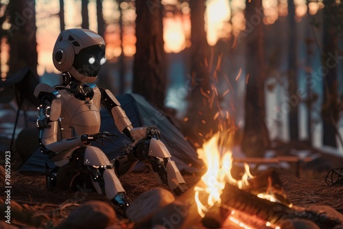 Contemplative Robot by the Campfire at Dusk
