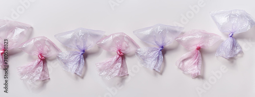 Plastic free, environmental protection concept. Empty used plastic bags in row, wide banner. Aesthetic top view pink and blue disposable transparent polyethylene packets. Plastic bag free day