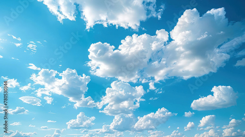 Blue sky and white cirrocumulus clouds texture background. Blue sky on sunny day. Summer sky. Cloud formation. Fluffy clouds. Nice weather in summer season.  photo