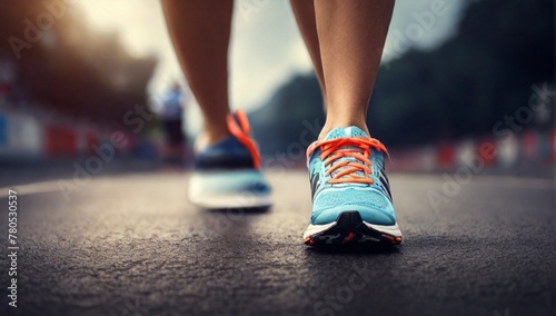 Sports background. Runner feet running on road closeup on shoe. Start line  © Mubasher 