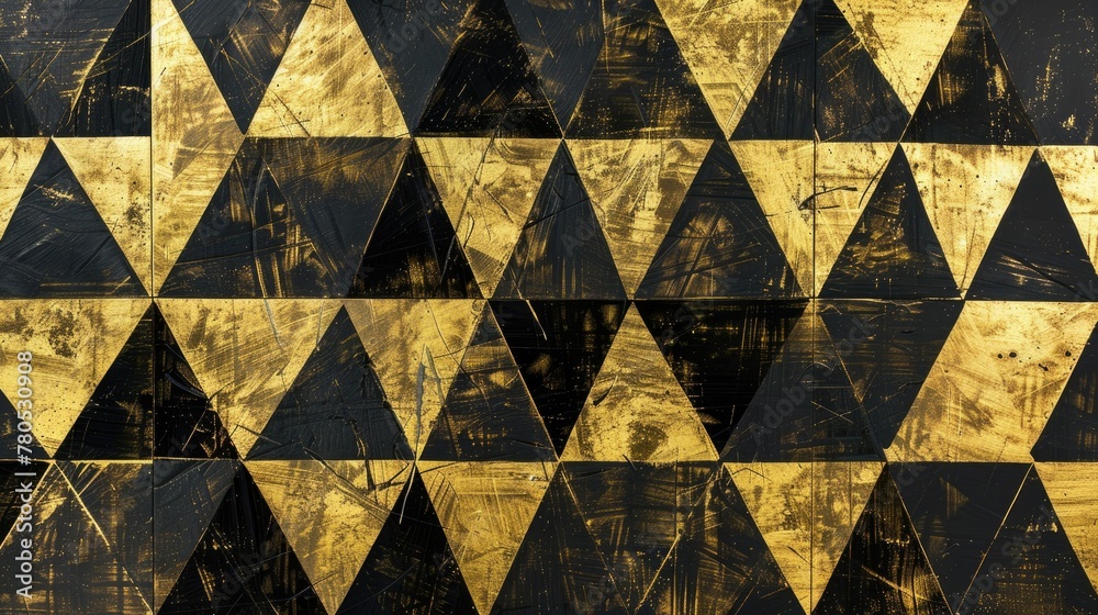 Immerse yourself in the lap of luxury with an abstract design featuring black and gold triangles creating a background, adorned with subtle shadows. - obrazy, fototapety, plakaty 