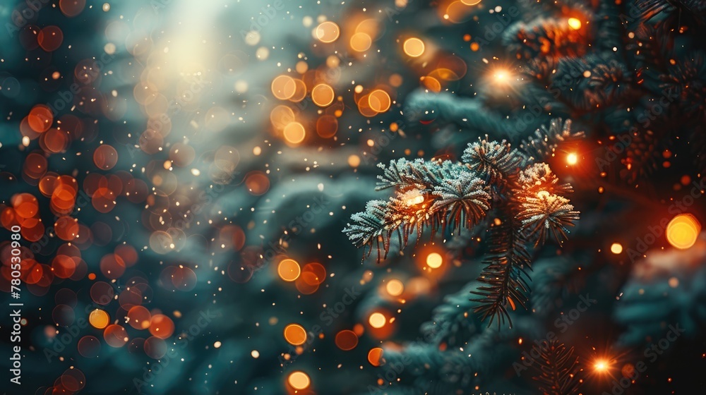 Close-up of a pine branch with frosted tips against a backdrop of warm bokeh lights, evoking a cozy, festive atmosphere. Generative AI