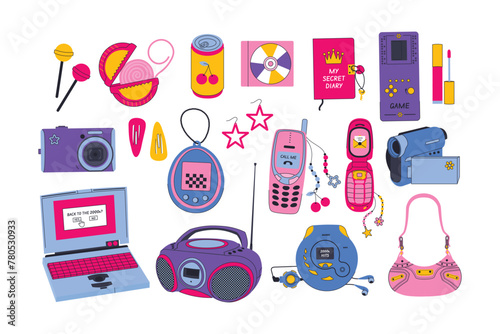 Collection of retro elements in trendy y2k style. Nostalgia for the 2000s. 90s 2000s elements in modern flat line style flat. Hand drawn vector illustration.