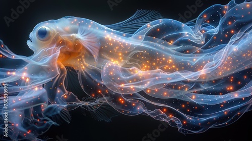 A digital artwork of a fish with a luminous, translucent body with glowing spots against a dark backdrop. Generative AI © Vilaysack