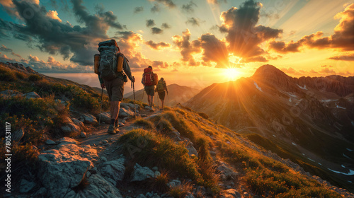 Exploring mountains during the summer, adventurous individuals embark on journeys, embracing the thrill of trekking as a group. As the sun sets, hikers, both men and women, traverse the rugged terrain photo
