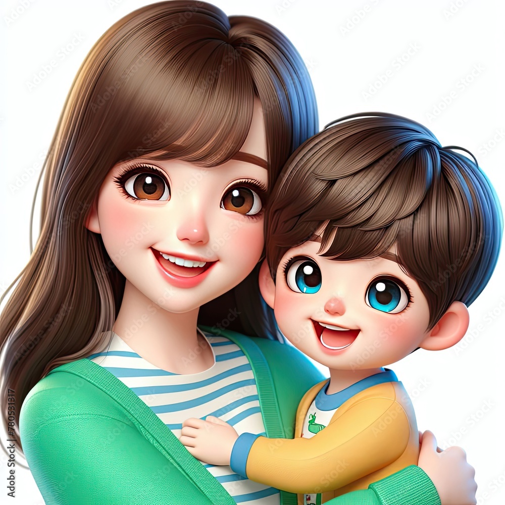 Asian smiling child boy hugs young mother's. 3D