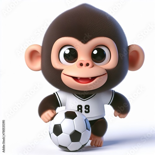 Cute character 3D image of a cute gorilla with simple football clothes playing a ball, funny, happy, smile, white background © JetHuynh
