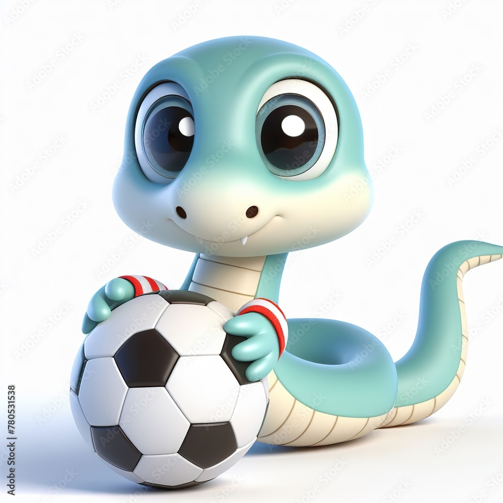 Cute character 3D image of a snake with simple football clothes playing a ball, funny, happy, smile, white background Cute character 3D image of a snake with simple football clothes playing a ball, funny, happy, smile, white background