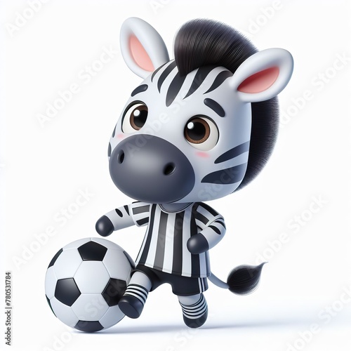 Cute character 3D image of a cute zebra with simple football clothes playing a ball  funny  happy  smile  white background