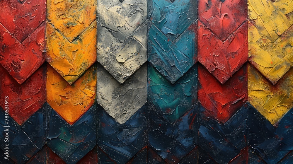 An abstract chevron pattern wall art featuring a dynamic array of vibrant colors and textures, creating a bold visual impact. Generative AI