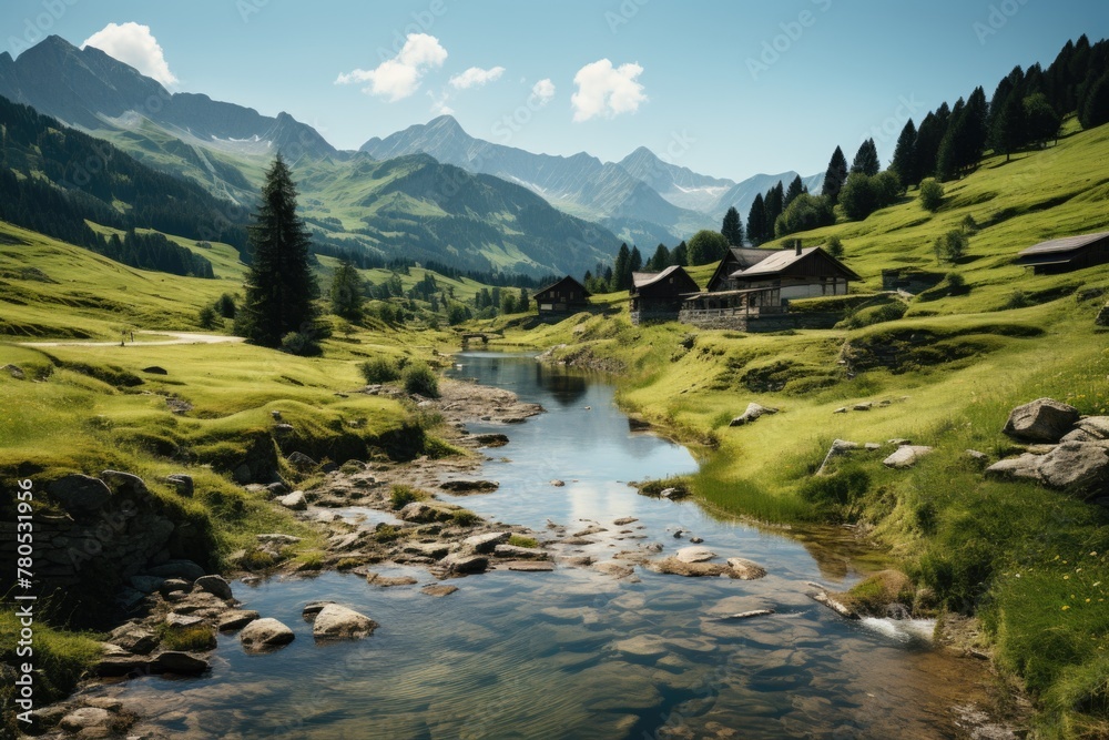 Beautiful landscape river mountains trees open sky