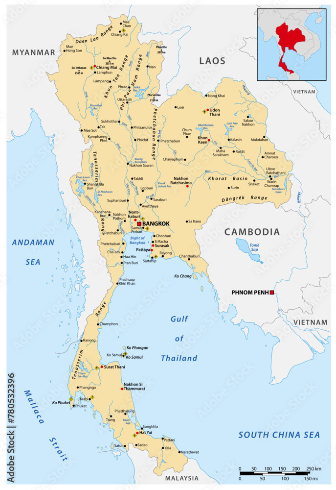 Obraz premium Detailed vector map of the Asian state of Thailand